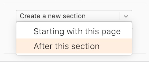 The “Create a new section” pop-up menu is open, and “After this section” is selected.