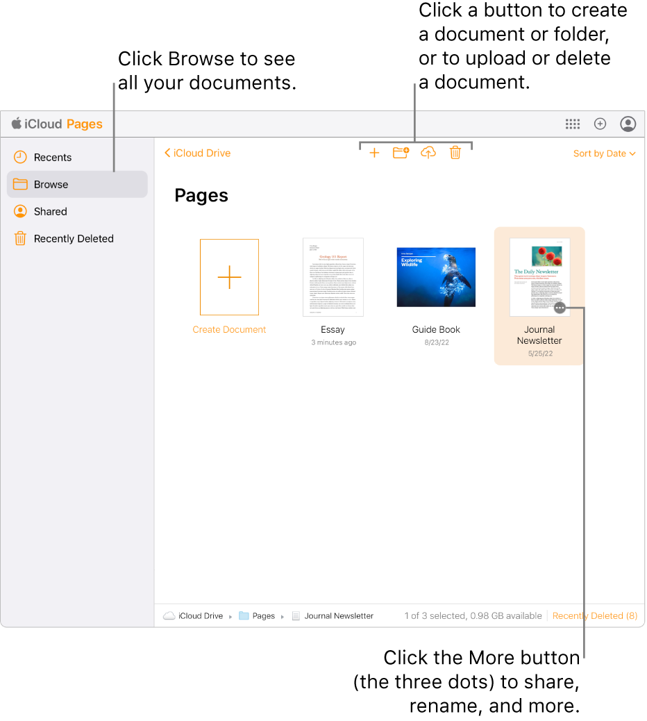 The document manager in browse view. The More button (three dots) is visible in the lower-right corner of the selected document. Buttons to create a new document or folder and to upload or delete a document appear in the center of the toolbar. In the top-right corner, there are buttons for sending feedback, switching iCloud applications, creating new documents, and managing your account settings.