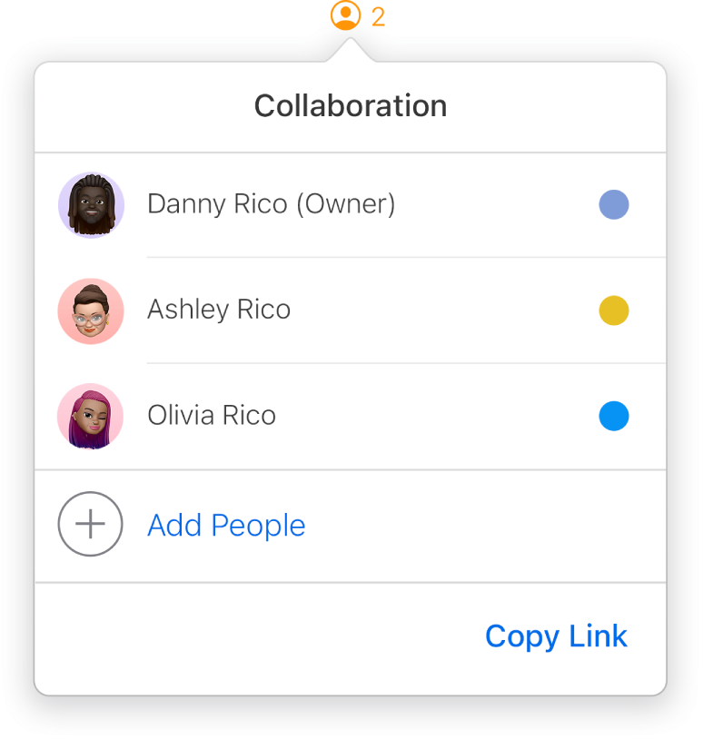 Le menu Collaboration affichant le nom des personnes qui collaborent sur le document. Les options de partage se trouvent sous les noms.