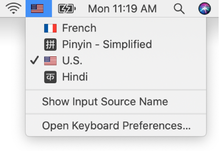 Menu wprowadzania w prawym górnym rogu paska menu jest otwarte i przedstawia wiele dostępnych języków, pozycje menu do otwierania opcji Emoji i symbole oraz Podgląd klawiatury oraz innych.