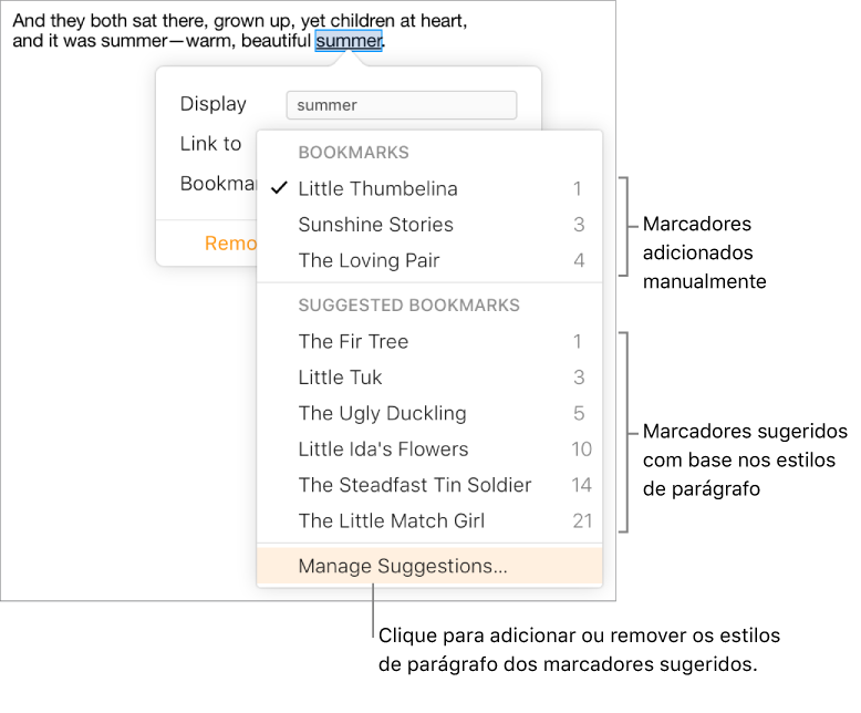A lista Marcadores com marcadores adicionados manualmente na parte superior e marcadores sugeridos na parte inferior. A opção Gerir sugestões está selecionada na parte inferior do menu pop-up.
