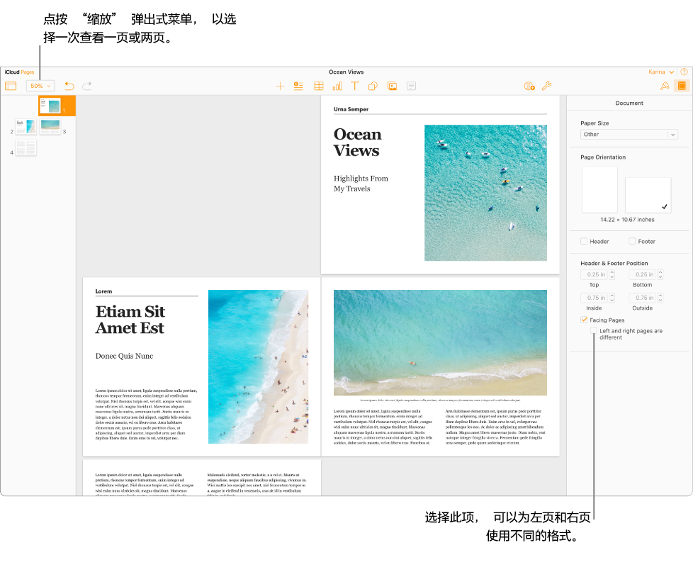iCloud 版 Pages 文稿窗口,其中显示了页面缩略图和视为跨页的文稿页面。在右侧的“文稿”边栏中,“左页和右页不同”复选框处于未选中状态。