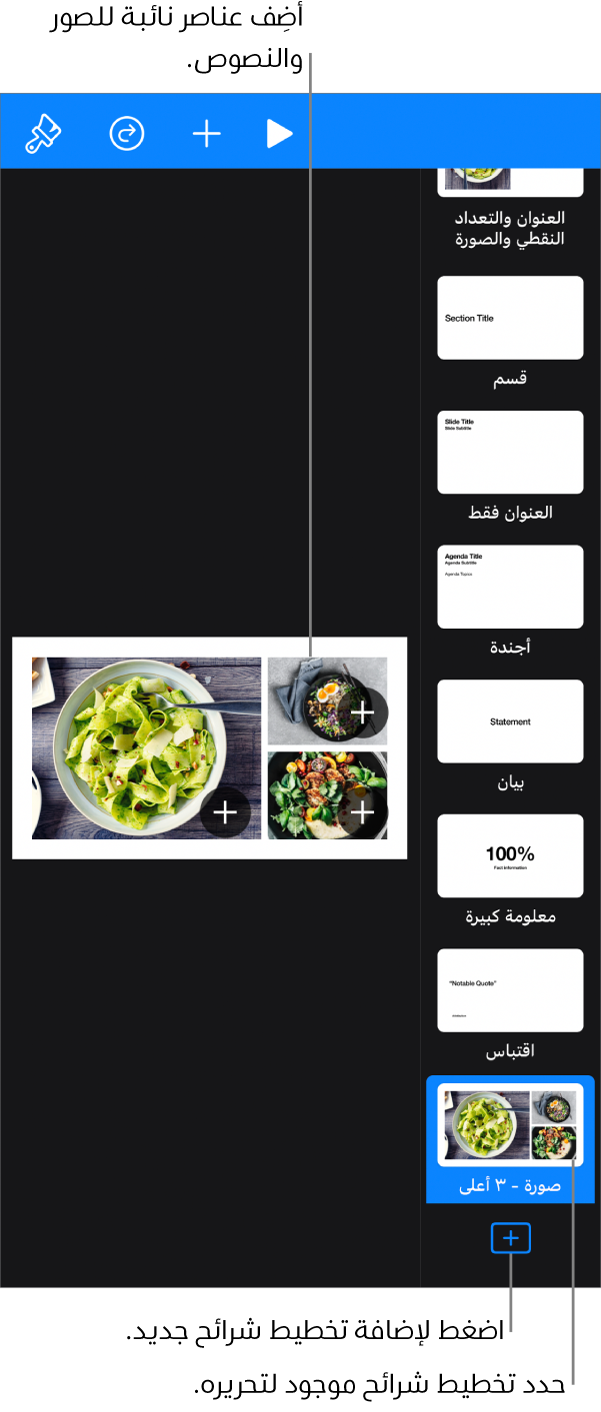 تخطيط شريحة يظهر على اللوحة القماشية للشريحة، مع الزر إضافة تخطيط الشريحة في أسفل متصفح الشرائح.