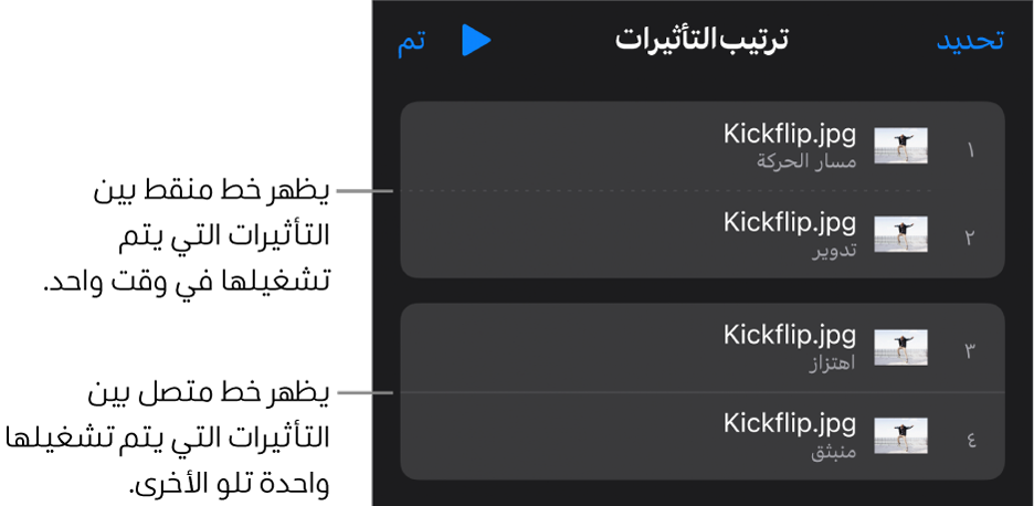 قائمة ترتيب التأثيرات، مع ظهور خط منقط بين التأثيرات التي يتم تشغيلها في وقت واحد وخط متصل بين التأثيرات التي يتم تشغيلها واحدة تلو الأخرى.