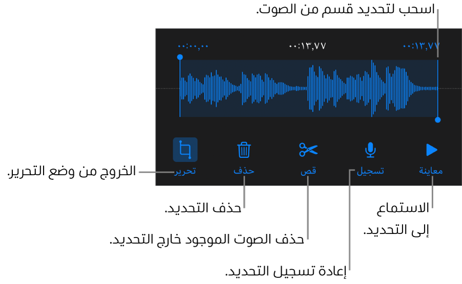 أدوات التحكم لتحرير الملف الصوتي المسجَّل. يوضح المؤشران القسم المحدد من التسجيل، وتوجد بالأسفل أزرار معاينة وتسجيل وقص وحذف ووضع التحرير.