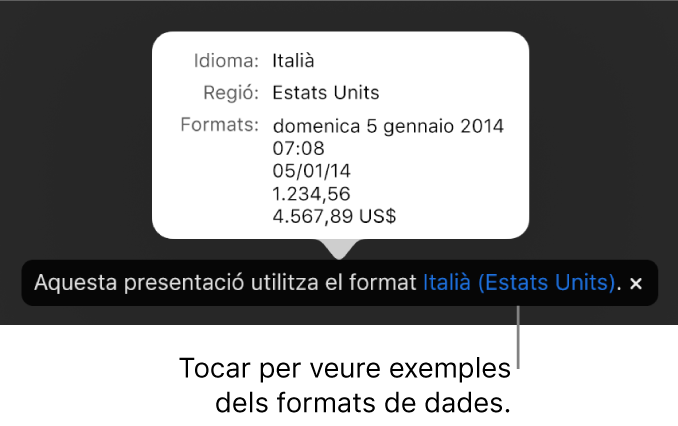 La notificació de la diferència de configuració d’idioma i regió, amb exemples del format d’aquell idioma i regió.