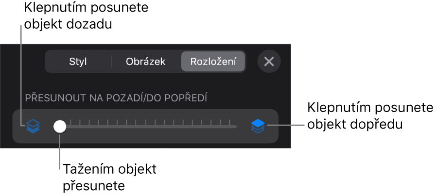 Tlačítko pro přesun vzad, tlačítko pro přesun vpřed a posuvník vrstev