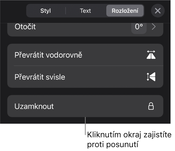 Ovládací prvky pro rozložení v nabídce Formát; vyznačeno je tlačítko Zamknout