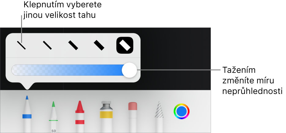 Ovládací prvky pro výběr velikosti tahu a jezdec pro úpravu neprůhlednosti.