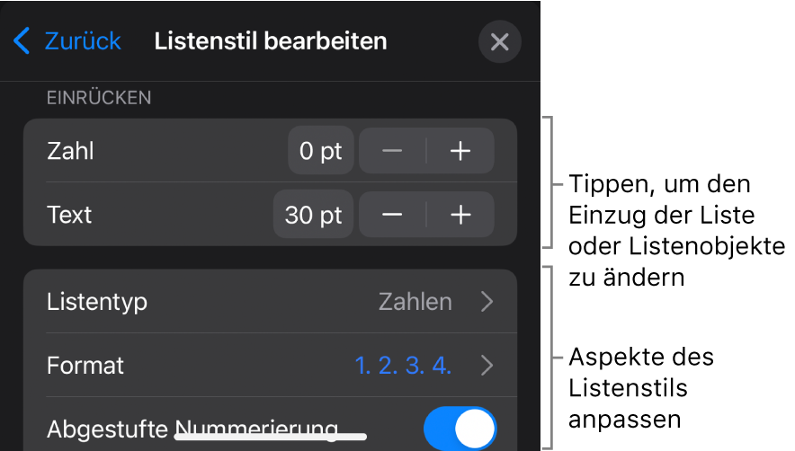 Das Menü „Listenstil bearbeiten“ mit Steuerelementen zum Bearbeiten des Typs und Erscheinungsbilds der Liste.