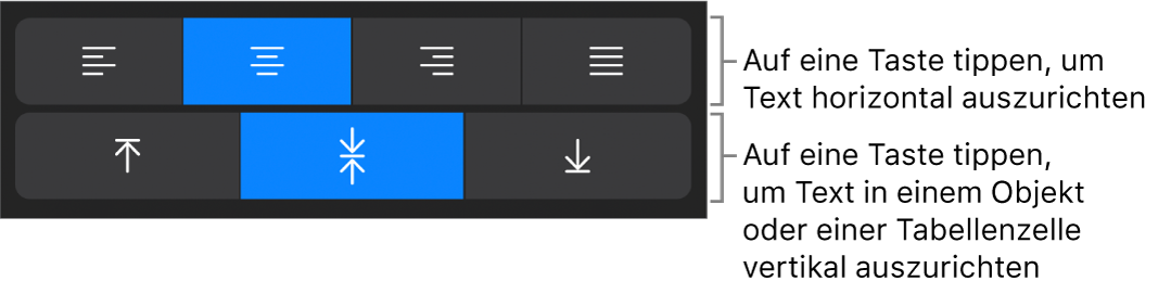 Horizontale und vertikale Ausrichtungstasten für Text
