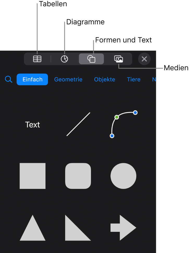 Die Steuerelemente zum Hinzufügen eines Objekts mit Tasten am oberen Rand zum Auswählen von Tabellen, Diagrammen und Formen (einschließlich Linien und Textfelder) sowie Medien