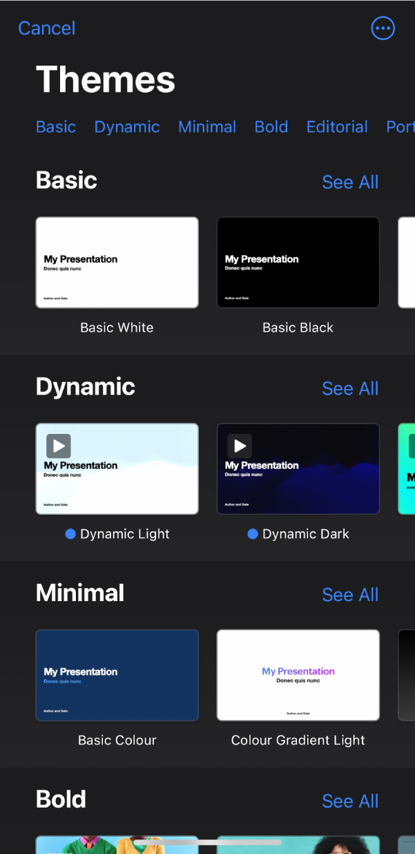 The theme chooser, showing a row of categories across the top that you can tap to filter the options. Below are thumbnails of pre-designed themes arranged in rows by category.