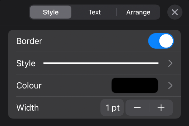 The Border style customisation controls.