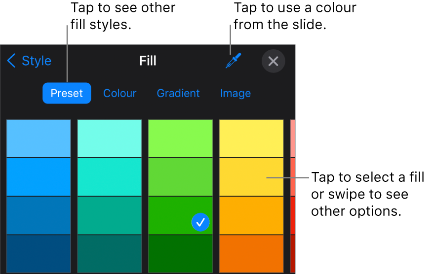 Fill options in the Style tab.