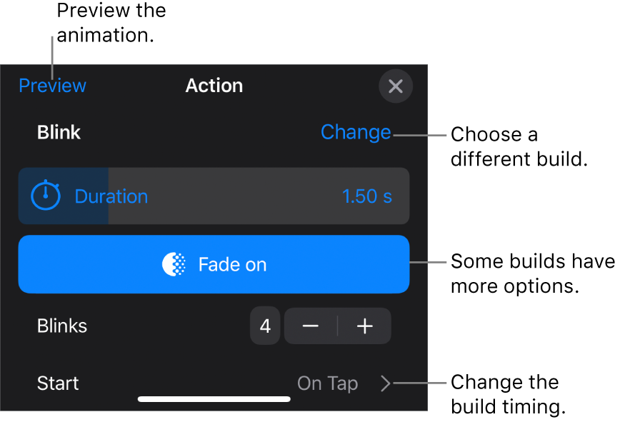 Build options include Duration and Start timing. Tap Change to choose a different build or tap Preview to preview the build.