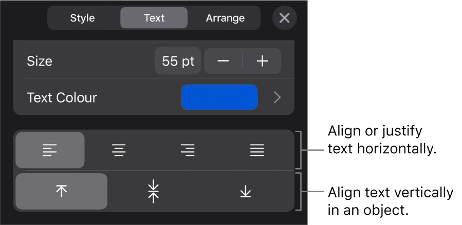 The Alignment section of the Format button with call outs to text alignment buttons.