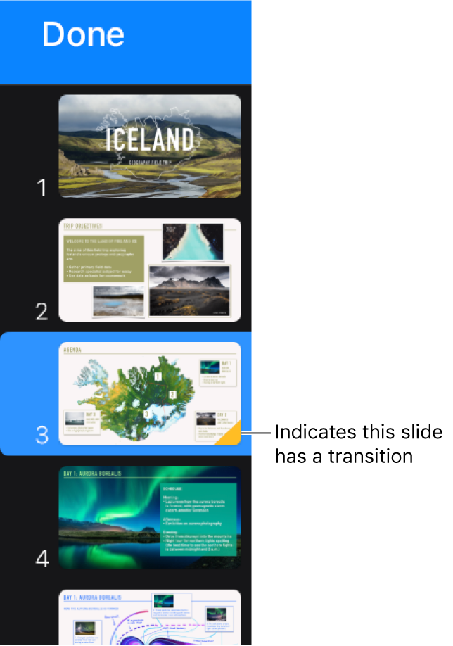 A yellow triangle on a slide indicates the slide has a transition.