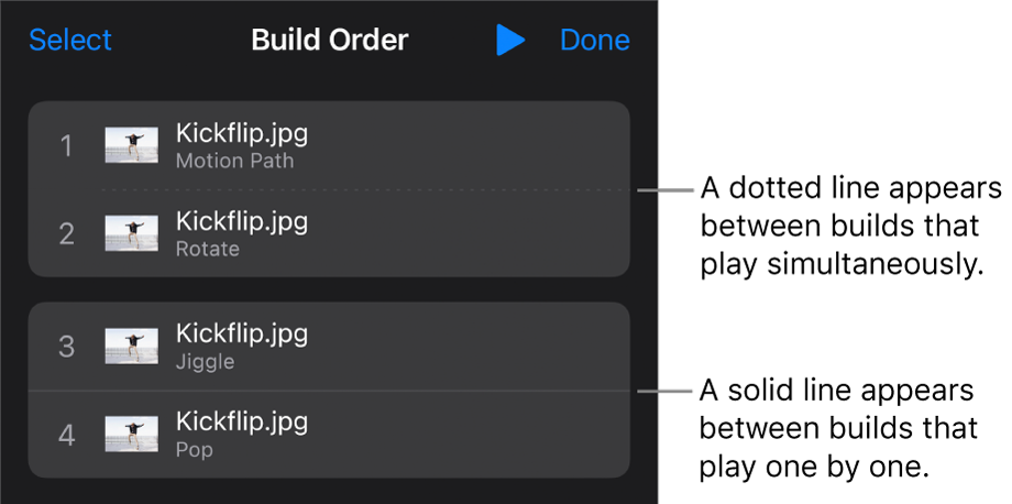 The Build Order menu, with a dotted line appearing between builds that play simultaneously and a solid line between builds that play one by one.