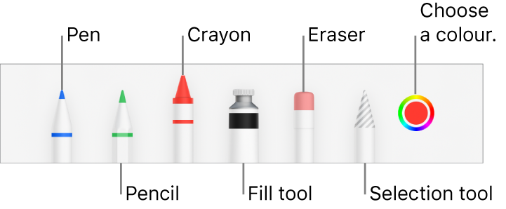 The drawing toolbar with a pen, pencil, crayon, fill tool, eraser, selection tool, and colour well showing the current colour.