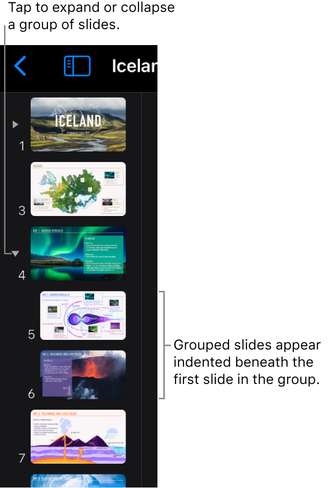 Slide navigator showing indented slides.