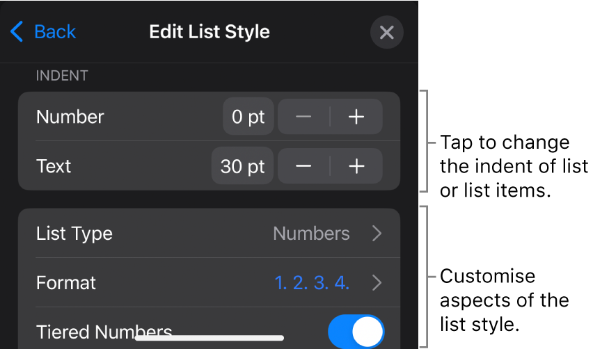 Edit List Style menu with controls for editing the list’s type and appearance.