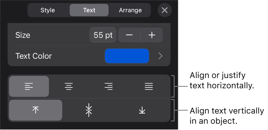 The Alignment section of the Format button with callouts to text alignment buttons.