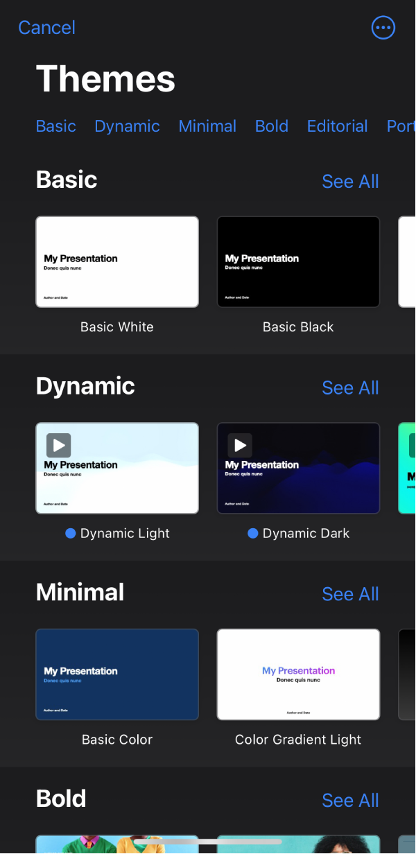 The theme chooser, showing a row of categories across the top that you can tap to filter the options. The More button is in the top-right corner, where you can set Standard or Wide format and set formatting for a specific language or region. Below are thumbnails of predesigned themes arranged in rows by category. A See All button appears above and to the right of each category row.