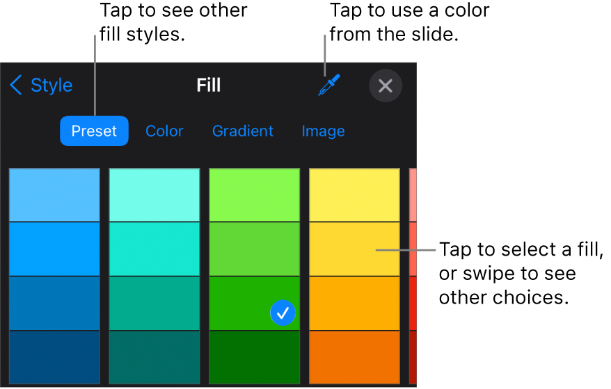 Fill options in the Style tab.