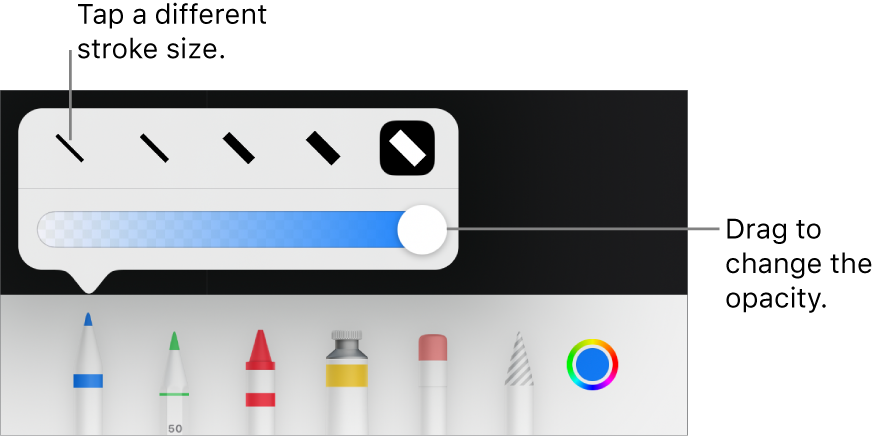 Controls for choosing a stroke size and a slider for adjusting the opacity.