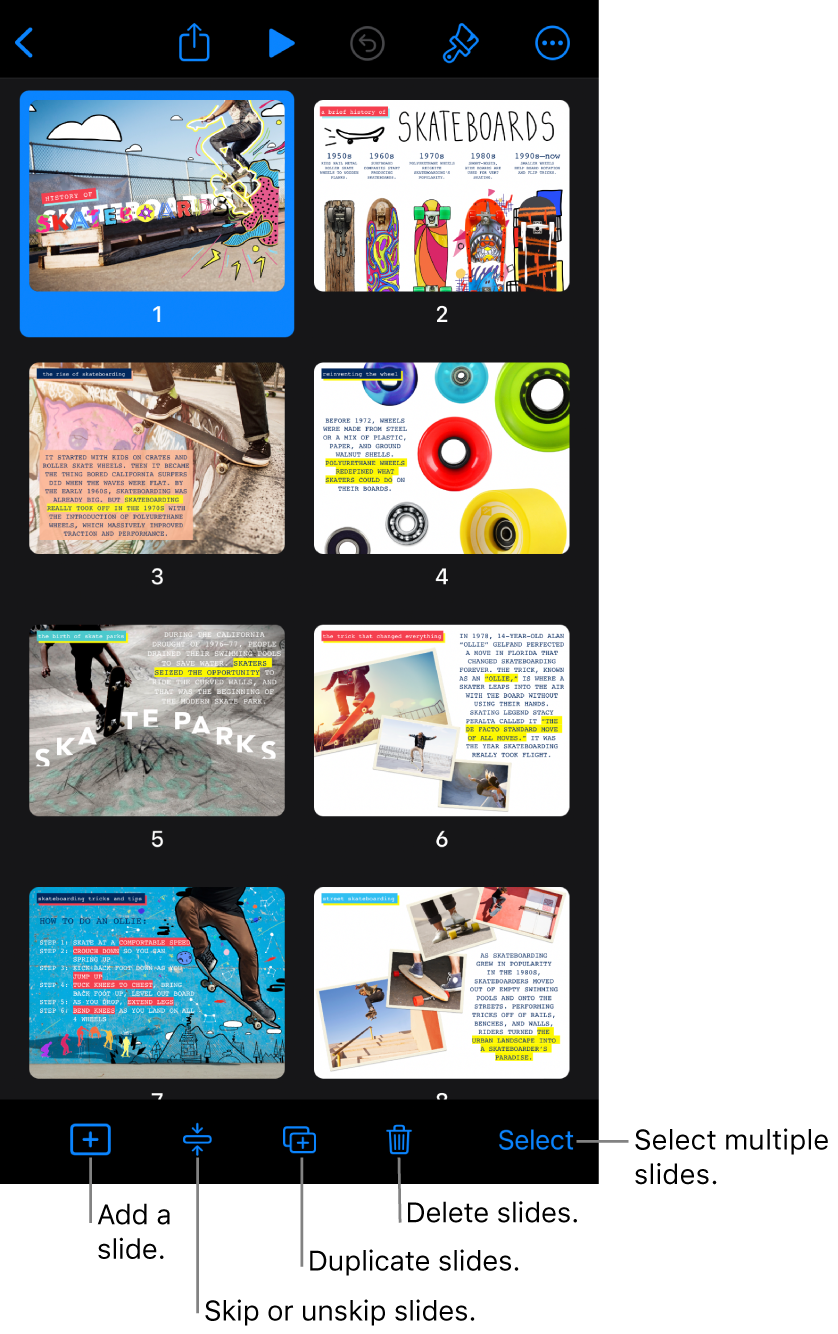 Light table view with buttons at the bottom of the screen for adding, skipping, duplicating, and deleting slides, and for selecting multiple slides.