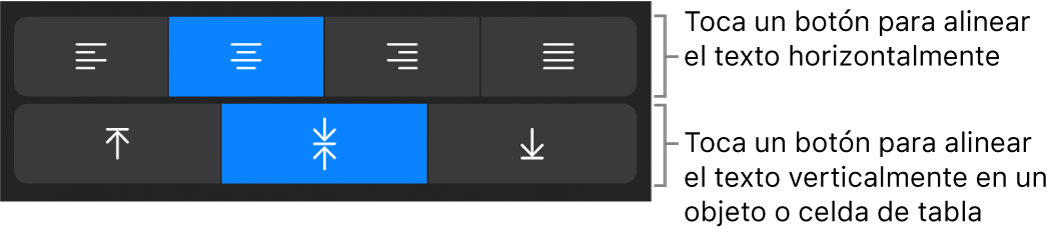 Botones de alineación horizontal y vertical para el texto.