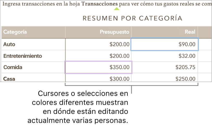 Los cursores o las selecciones en colores diferentes muestran dónde están editando otras personas.