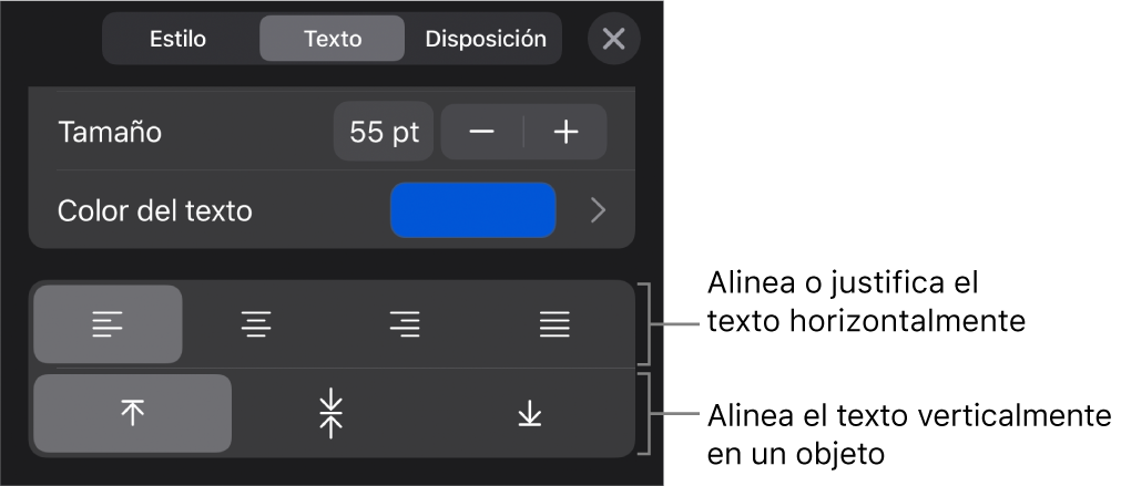 Sección Alineación del botón de formato con llamadas a los botones de alineación de texto.