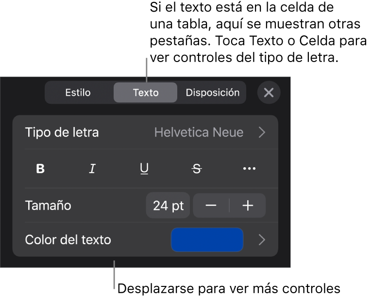 Controles de texto en el menú Formato para configurar los estilos de párrafo y carácter, tipo de letra, tamaño y color.