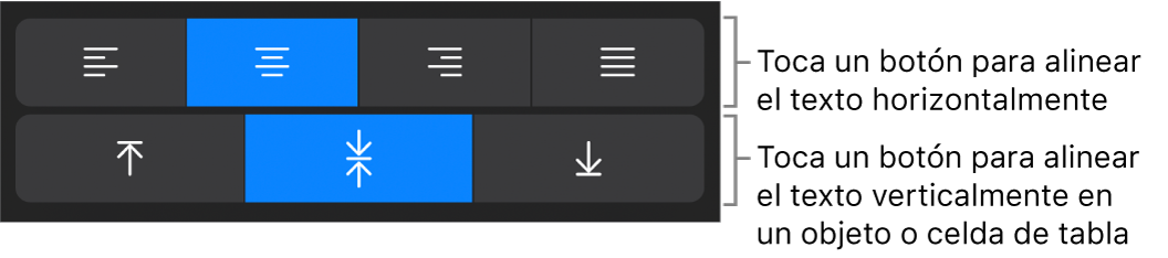 Botones de alineación horizontal y vertical para el texto.