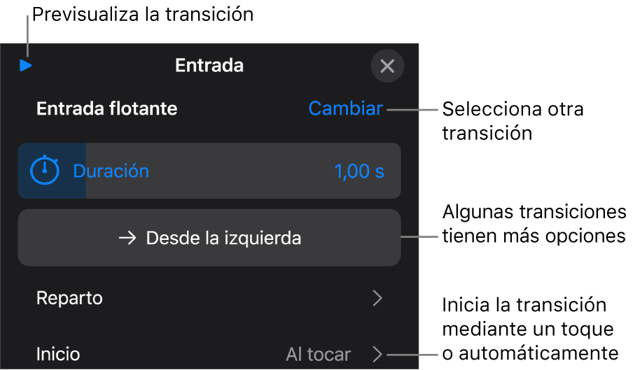 Controles del panel Opciones para modificar una transición.