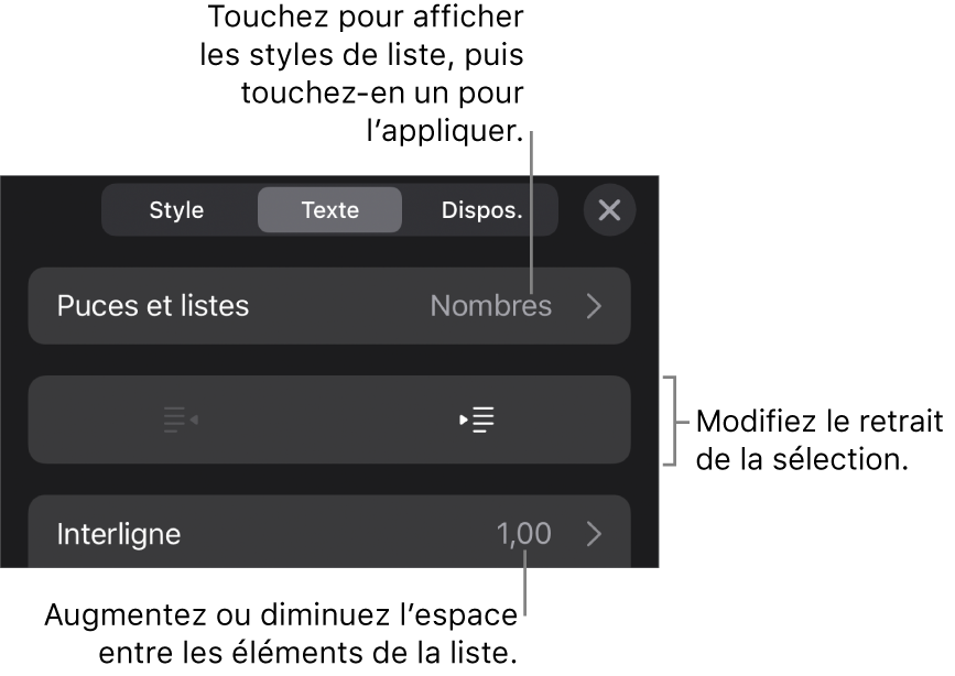 La section Puces et listes des commandes Format avec des légendes indiquant le menu Puces et listes, les boutons de retrait ou de suppression du retrait, et les commandes d’interligne.