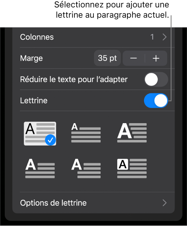 Les commandes Lettrine situées au bas du menu Texte.