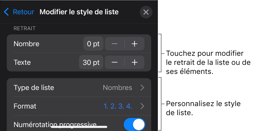 Menu Style de liste avec les commandes pour modifier le type et l’apparence de la liste.