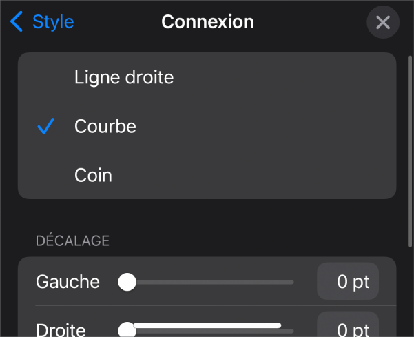 Les commandes Connexion avec l’option Courbe sélectionnée.