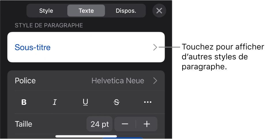 Menu Format montrant les commandes de texte permettant de définir les styles, la police, la taille et la couleur des paragraphes et des caractères.