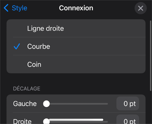 Les commandes Connexion avec l’option Courbe sélectionnée.