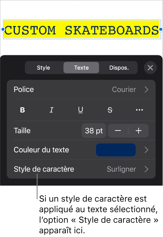 Commandes de mise en forme de texte avec Style de caractère au-dessous des commandes de couleur. Le style de caractère Aucun s’affiche avec un astérisque.