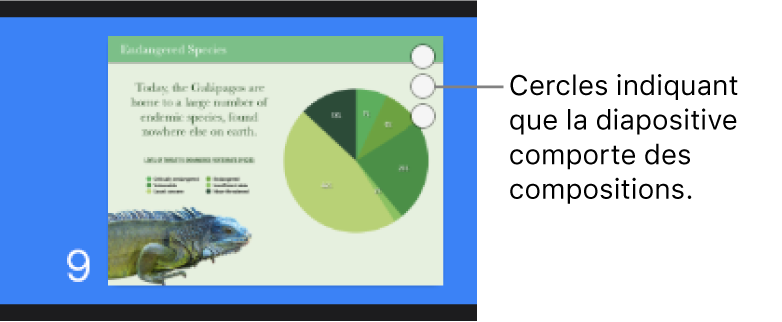 Une diapositive avec trois cercles dans le coin supérieur droit, indiquant que cette diapositive comporte des compositions.