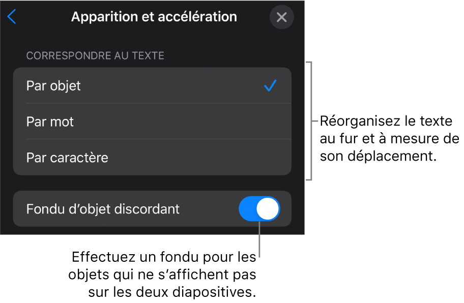 Options d’apparition et d’accélération des transitions Métamorphose dans la sous-fenêtre Accélération.