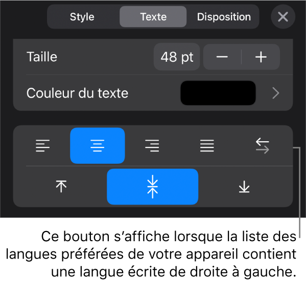 Les commandes de texte dans le menu Format avec une légende vers le bouton « De droite à gauche ».