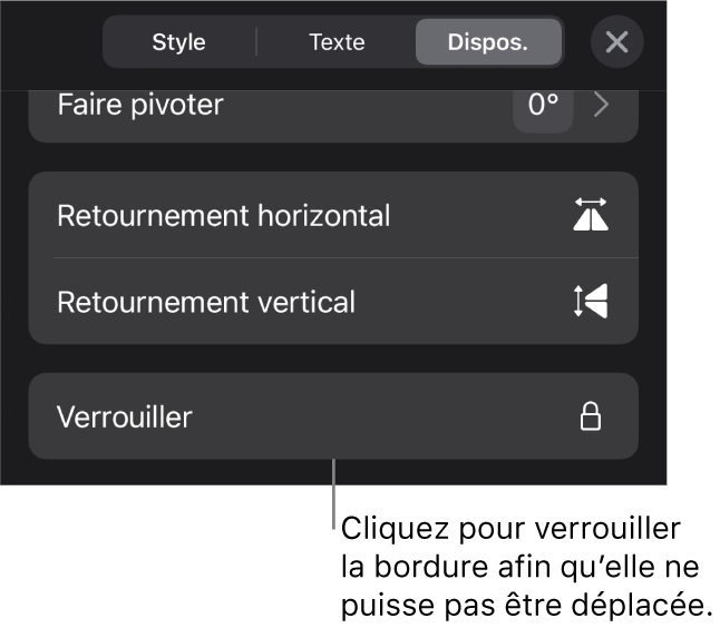 Les commandes Disposition dans le menu Format avec une légende reliée au bouton Verrouiller.