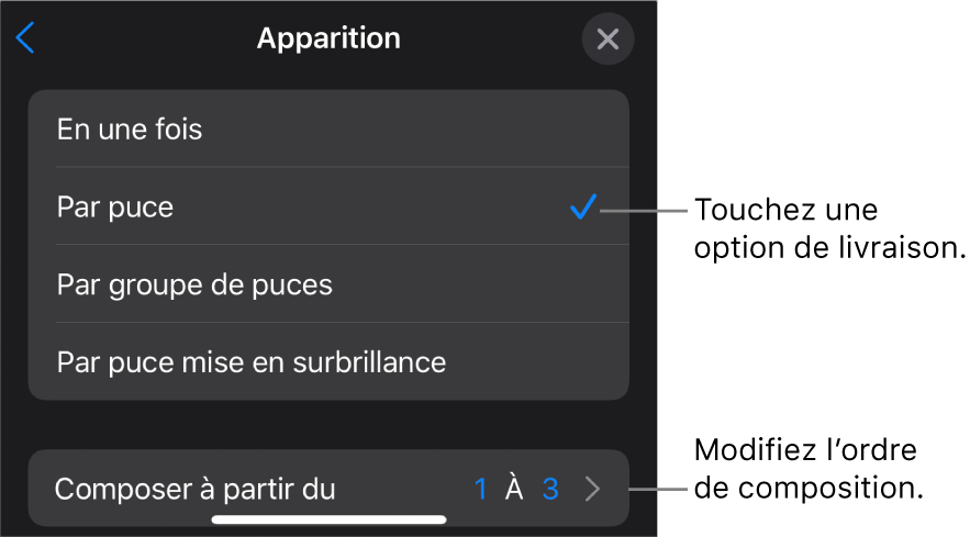 Options d’apparition de la sous-fenêtre Entrée.