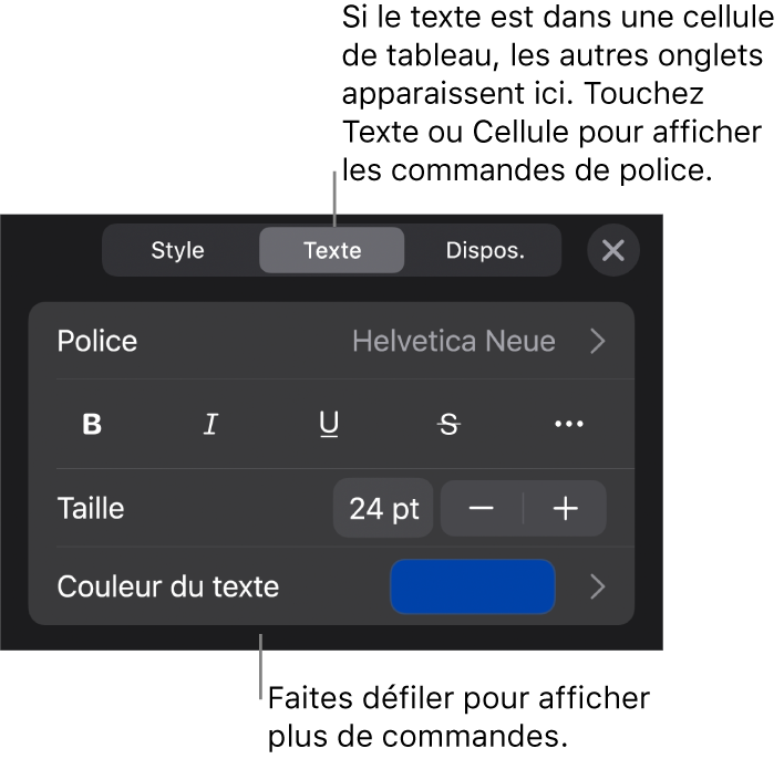 Commandes de texte du menu Format permettant de définir les styles, la police, la taille et la couleur des paragraphes et des caractères.